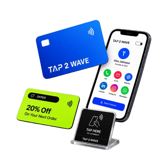 Tap 2 Wave NFC business card, offer card, standee and phone showing a digital profile